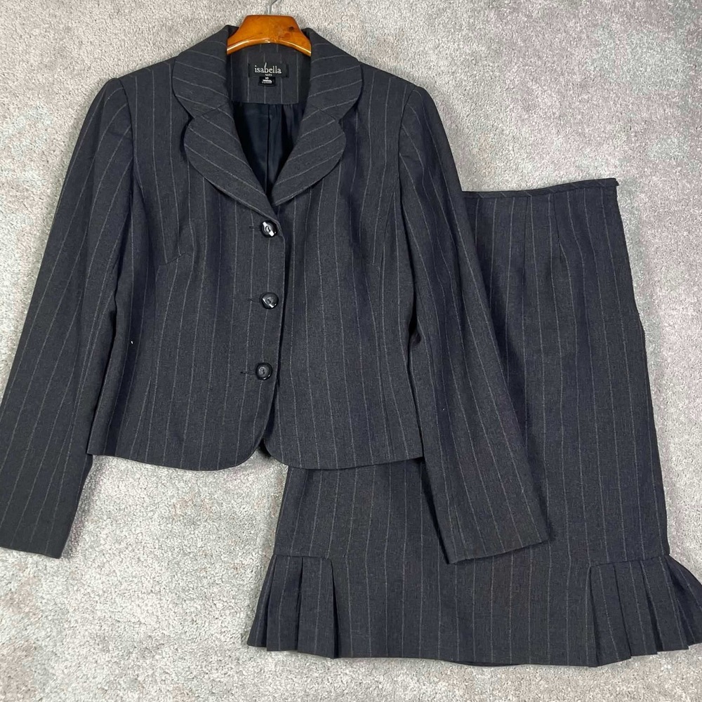 VTG Skirt Suit Women Size 10 Gray Pinstripe Blazer Pleated Hem Career Peter Pan